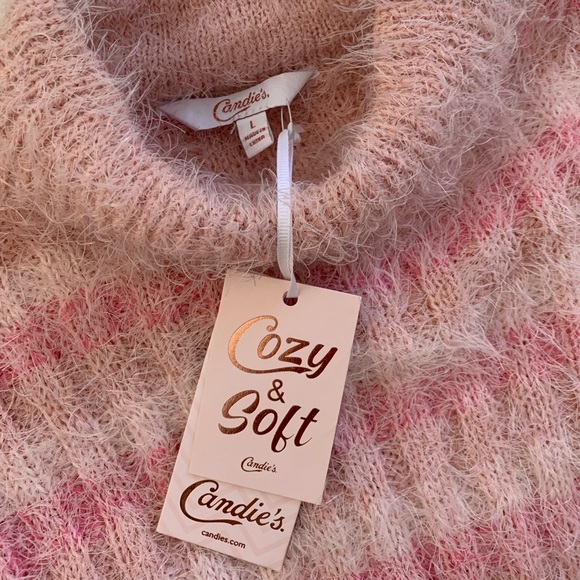 NWT•Candie's Cozy & Soft Mock Neck Pullover Crop Sweater in Pink Stripe-Size L - Picture 4 of 12